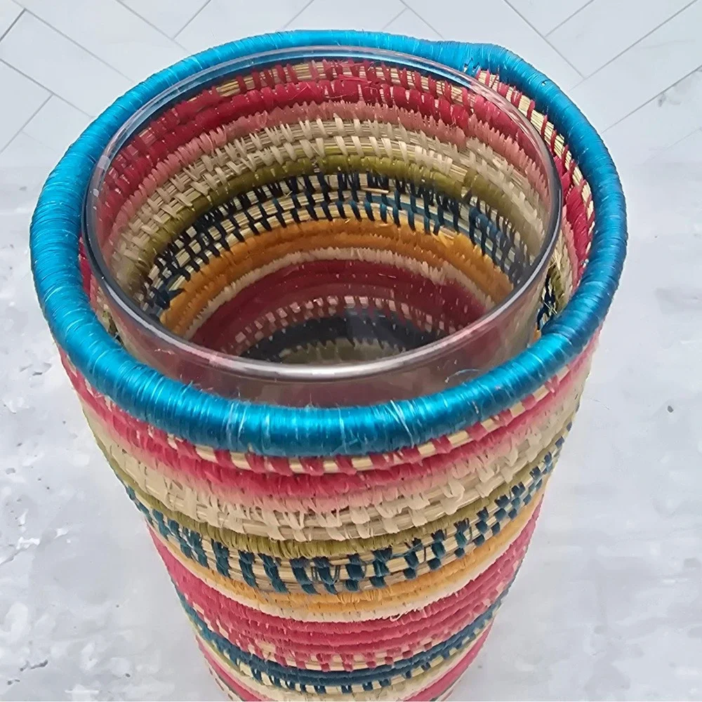 Handcrafted Rwanda Woven Basket Vase with Lid Tassel and Glass Insert Multicolor